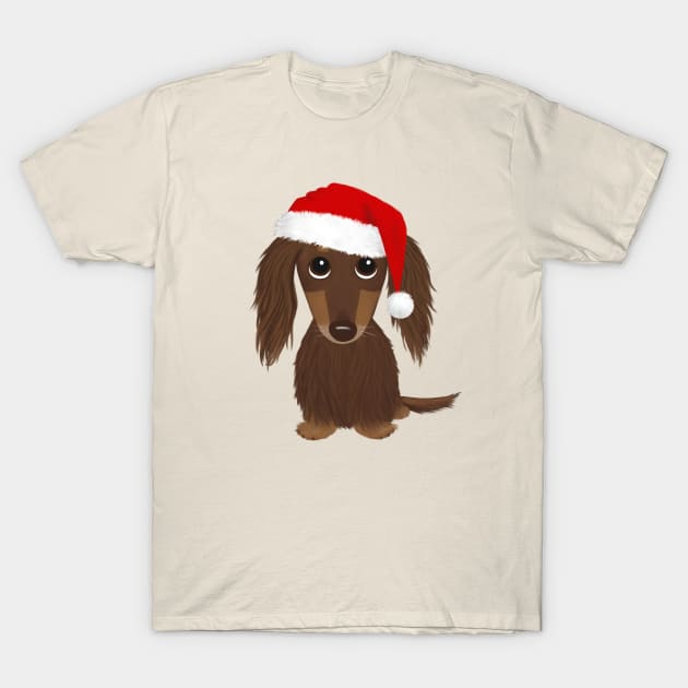 Longhaired Chocolate Dachshund with Santa Hat Cute Dog Christmas T-Shirt by Coffee Squirrel